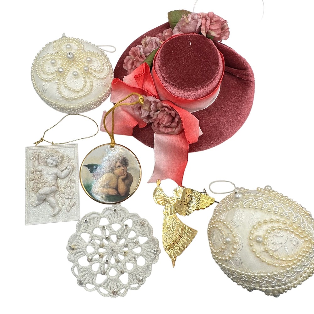 VTG 90s Victorian Christmas Ornament Set Cherub Angel Velvet Hat Pearl 7pc Lot